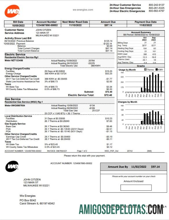 realista Modelo de conta de serviços públicos de eletricidade dos EUA Wisconsin We Energies em formato Word e PDF